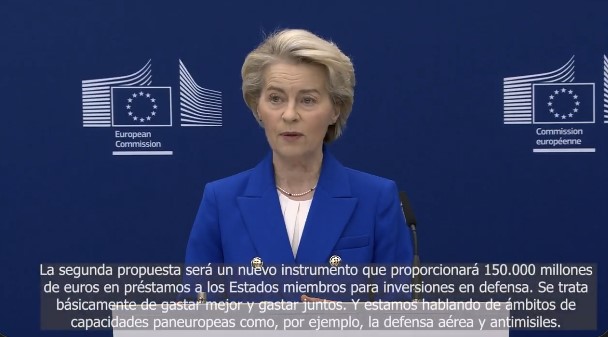 Von der Leyen propone préstamos de 150.000 millones de euros a los Estados miembros de la UE para invertir en Defensa.