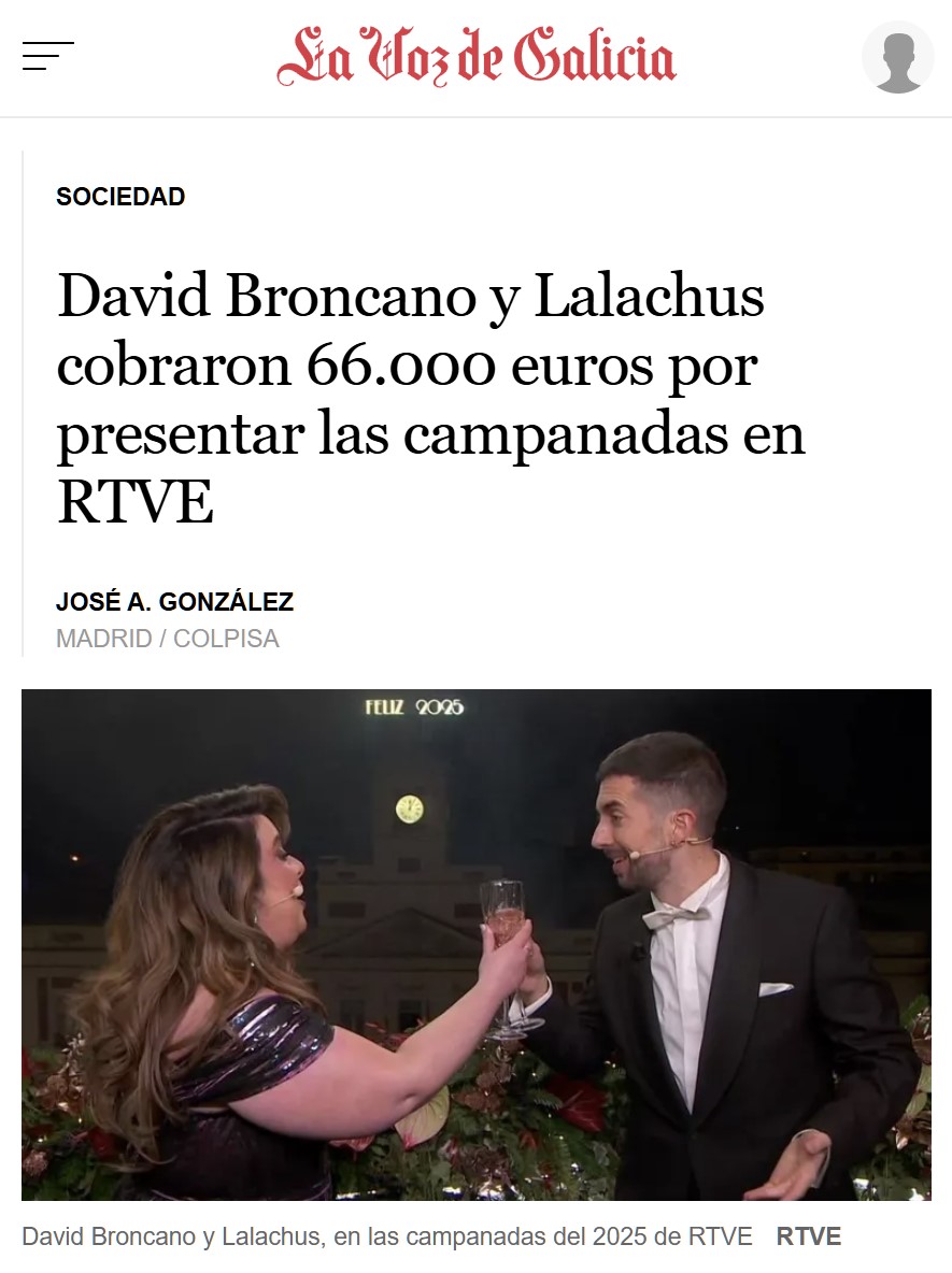 RTVE revela que el coste de las campanadas fue de casi 250.000 euros, y que Broncano y LalaChus cobraron 66.000 euros.