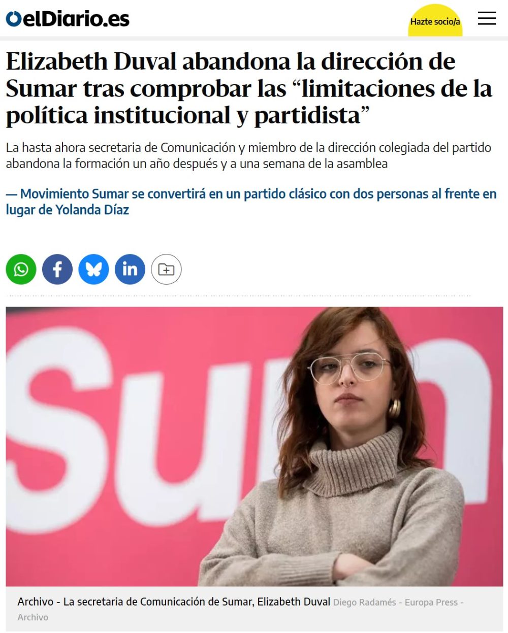 Elizabeth Duval abandona Sumar.