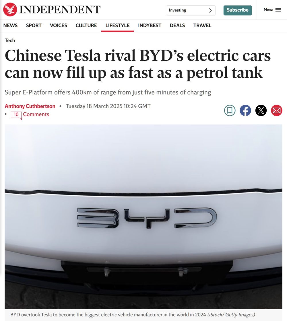 BYD afirma que sus coches se podrán cargar en menos de 5 minutos.