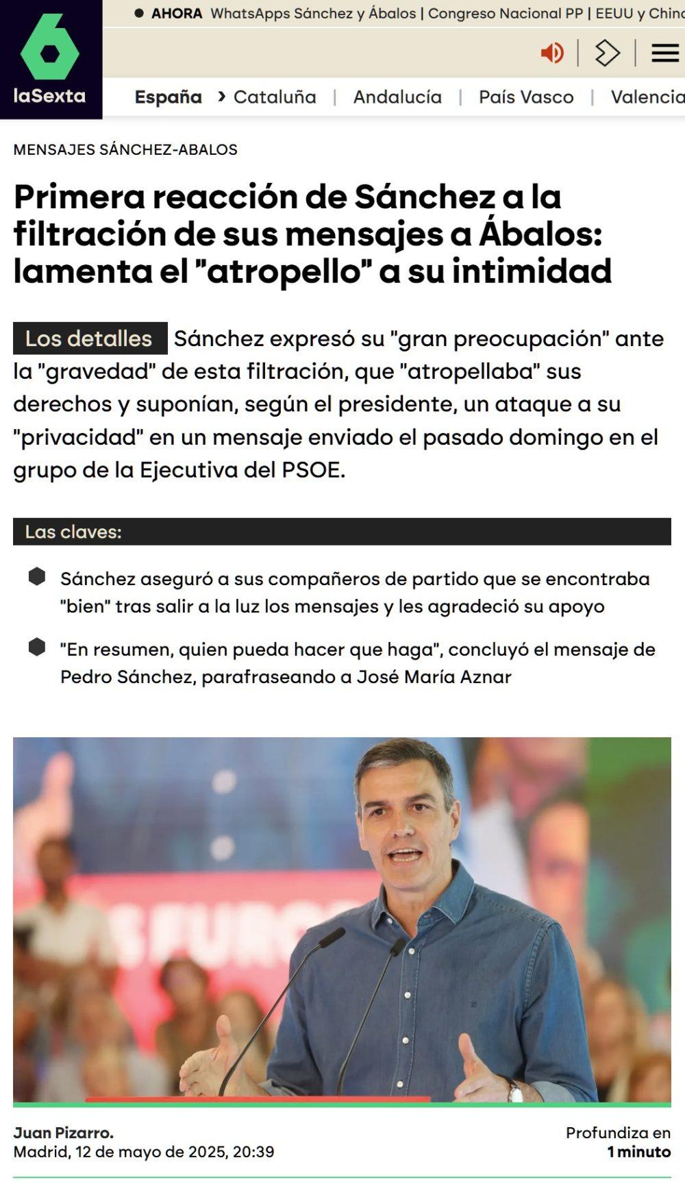 Primera reacción de Sánchez a la filtración de sus mensajes a Ábalos: lamenta el "atropello" a su intimidad