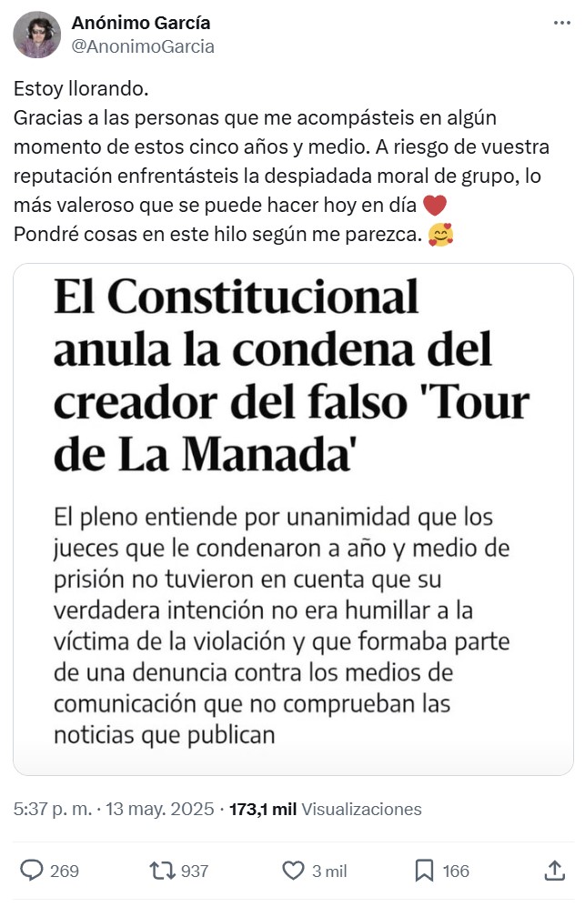 Después de 7 años de lucha, de pedir ayuda económica, de que Soto Ivars escribiera un libro, y de que Joaquín Reyes negase la cultura de la cancelación... Por fin se ha hecho justicia.