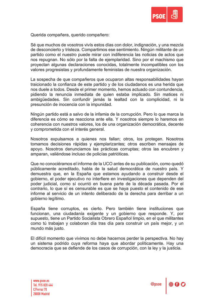 El amado líder envía una nueva carta a los verdaderos creyentes de la religión de la PSOE culpando al PP de querer derribarlos.