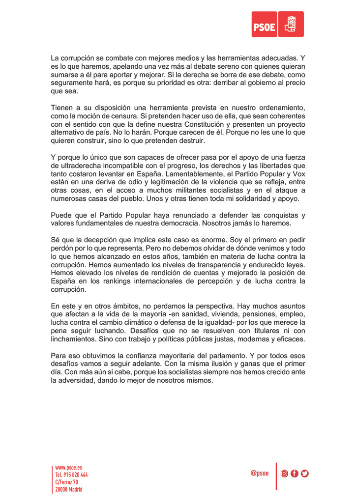 El amado líder envía una nueva carta a los verdaderos creyentes de la religión de la PSOE culpando al PP de querer derribarlos.