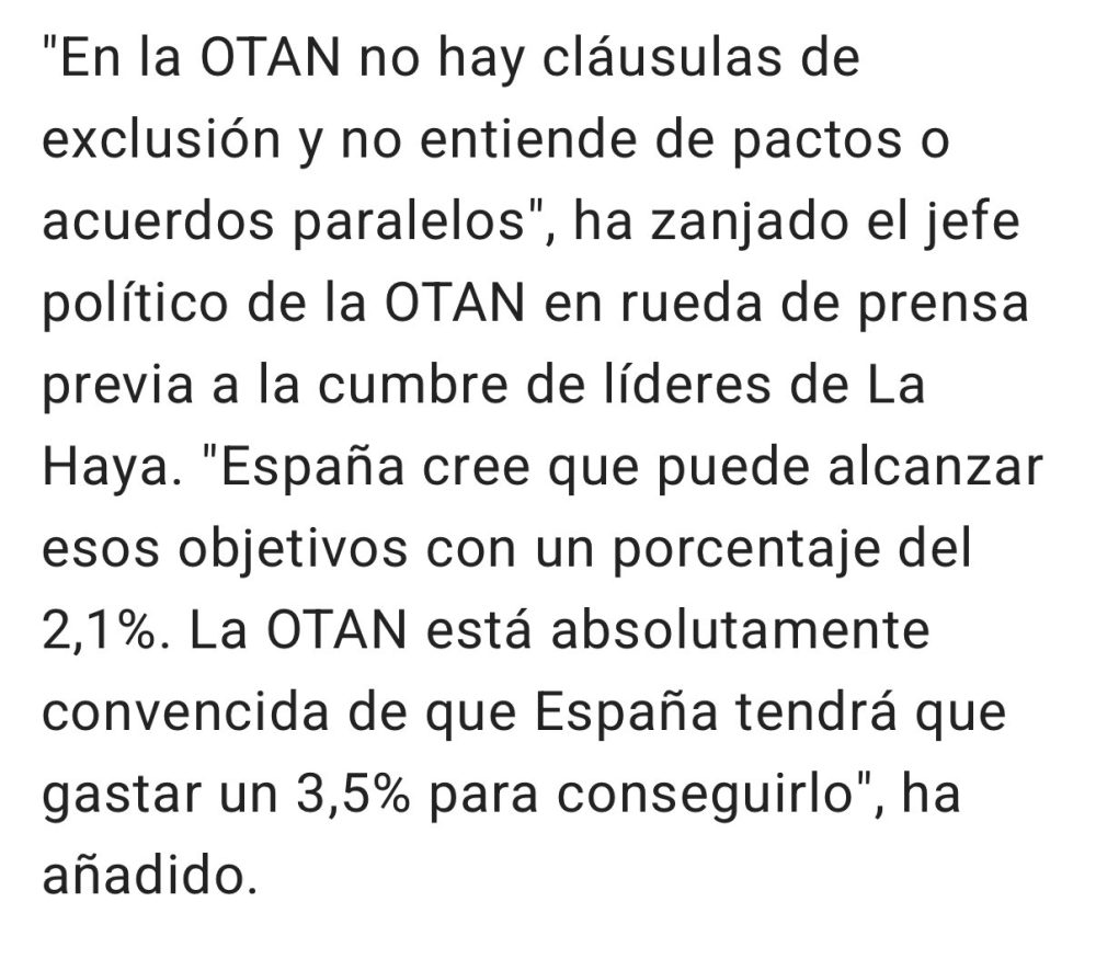 La OTAN desmiente que se haya hecho una excepción con España: todos deberán gastar el 5% del PIB en defensa (3,5 + 1,5)
