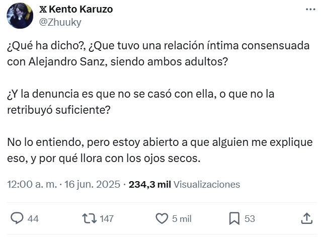 Algo está cambiando cuando una tipa sale en redes diciendo que Alejandro Sanz "se aprovechó de ella" cuando tenía 19 años y la respuesta es: "Responsabilízate de tus mіerdas, que eres adulta".