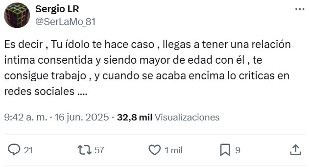 Algo está cambiando cuando una tipa sale en redes diciendo que Alejandro Sanz "se aprovechó de ella" cuando tenía 19 años y la respuesta es: "Responsabilízate de tus mіerdas, que eres adulta".