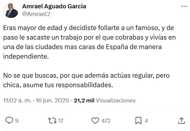 Algo está cambiando cuando una tipa sale en redes diciendo que Alejandro Sanz "se aprovechó de ella" cuando tenía 19 años y la respuesta es: "Responsabilízate de tus mіerdas, que eres adulta".