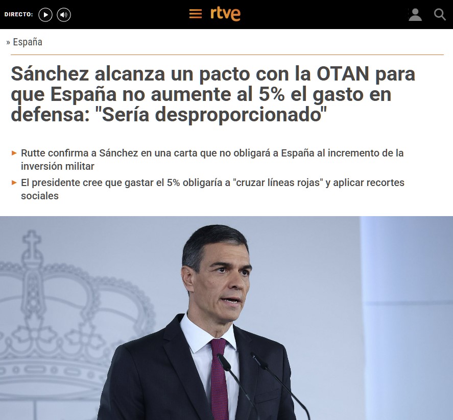 Pdro ha conseguido que la OTAN afloje y haga una excepción con España: podrá gastar menos de un 5% si consigue los objetivos.