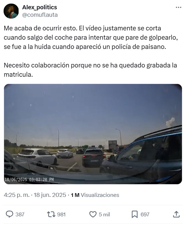Un tipo adelanta por el arcén, se cruza en la carretera para increpara al conductor que graba con la dashcam y acaba gaseado y se da a la fuga delante de un policía de paisano.