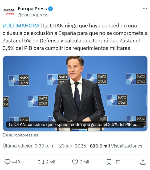 La OTAN desmiente que se haya hecho una excepción con España: todos deberán gastar el 5% del PIB en defensa (3,5 + 1,5)