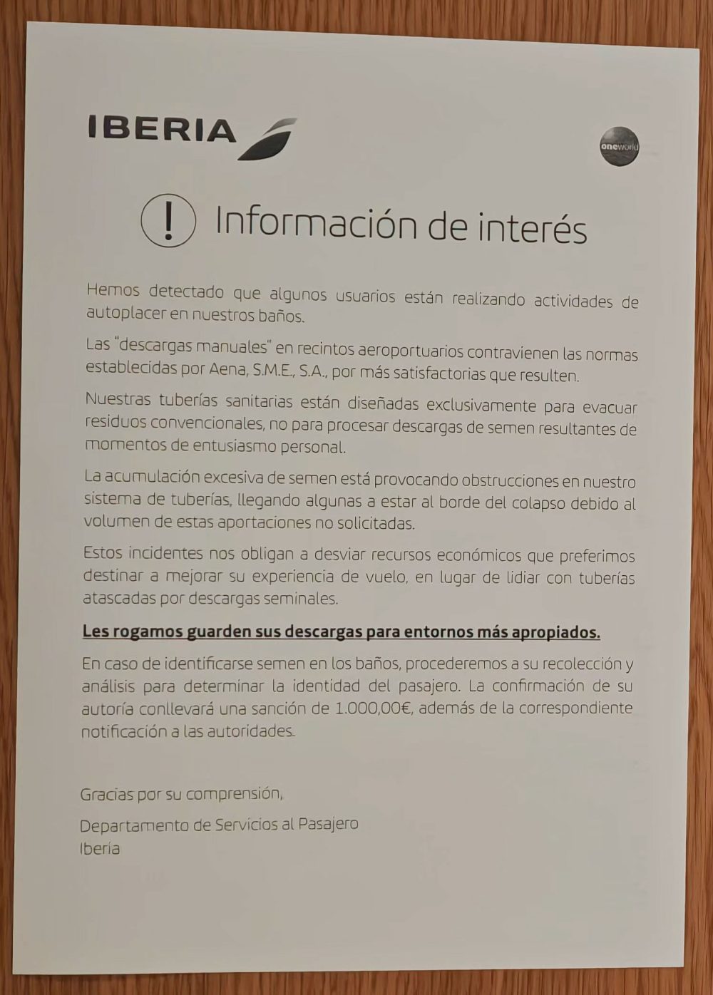 Iberia: "Hemos detectado que algunos usuarios están realizando actividades de autopIacer en nuestros baños".