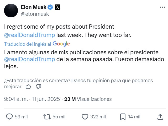 Elon Musk lamenta "algunos" de los tuits que publicó la semana pasada.