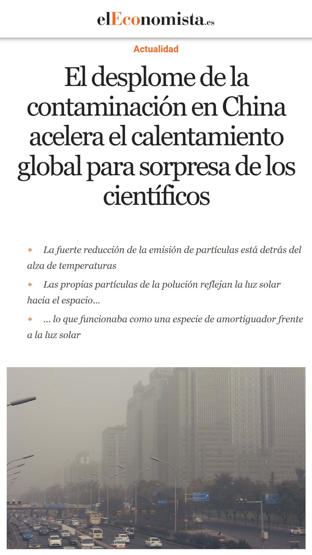 El desplome de la contaminación en China acelera el calentamiento global para sorpresa de los científicos.