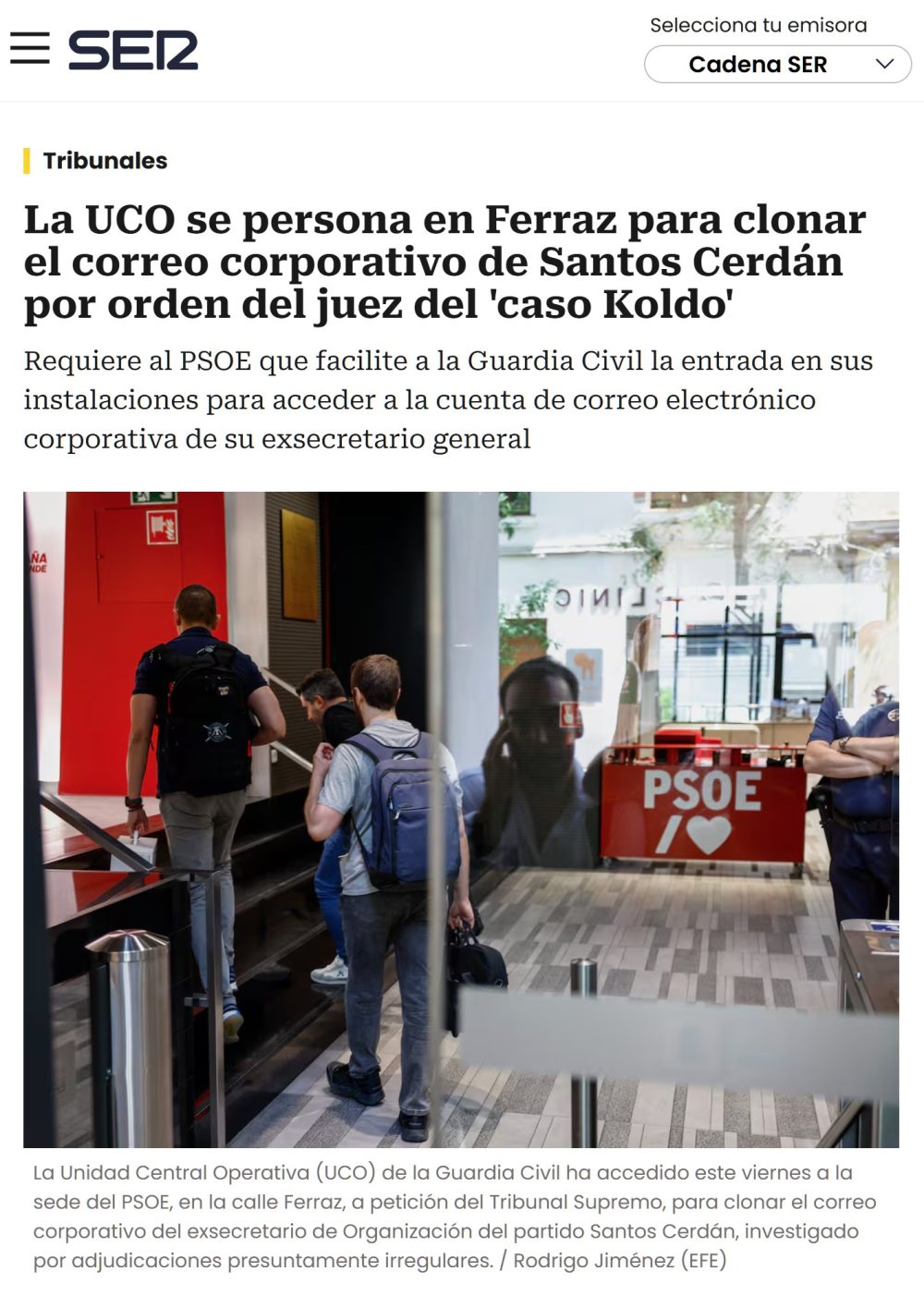 La UCO entra en Ferraz para clonar los correos de Santos Cerdón.