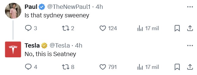 Tesla hace un guiño al último anuncio de Sydney Sweeney.