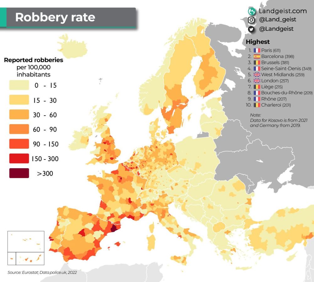 Tasa de robos por 100.000 habitantes en Europa.