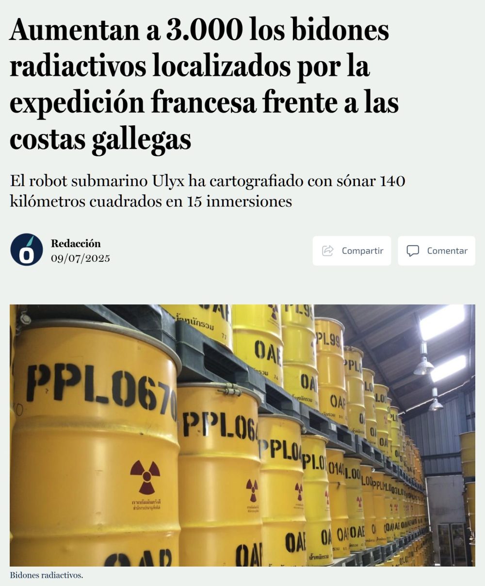 Localizan 3000 bidones radiactivos en el fondo marino frente a las costas gallegas.