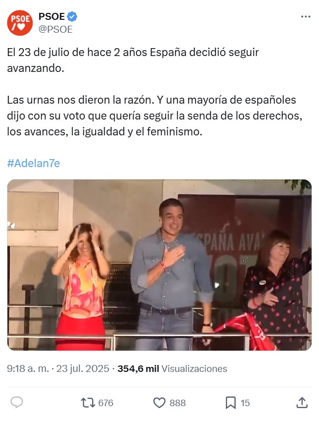 El PSOE ha recortado el video del balcón para que no salga Santos Cerdán, Secretario de Organización hasta junio y que está en la cárcel.