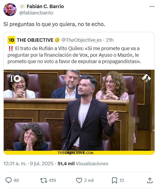 El trato de Rufián a Vito Quiles: «Si me promete que va a preguntar por la financiación de Vox, por Ayuso o Mazón, le prometo que no voto a favor de expulsar a propagandistas».