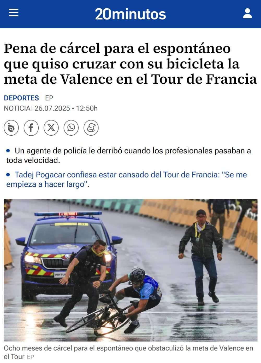 8 meses de cárcel para el espontáneo que quiso cruzar la meta del Tour con su bici.