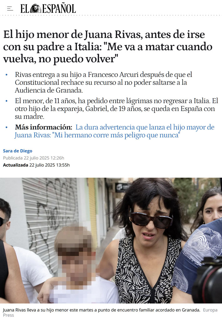 El hijo menor de Juana Rivas finalmente no ha ido con su padre a Italia. Francesco Arcuri se ha vuelto solo porque el niño ha declarado que tiene miedo de que su padre lo mаte.