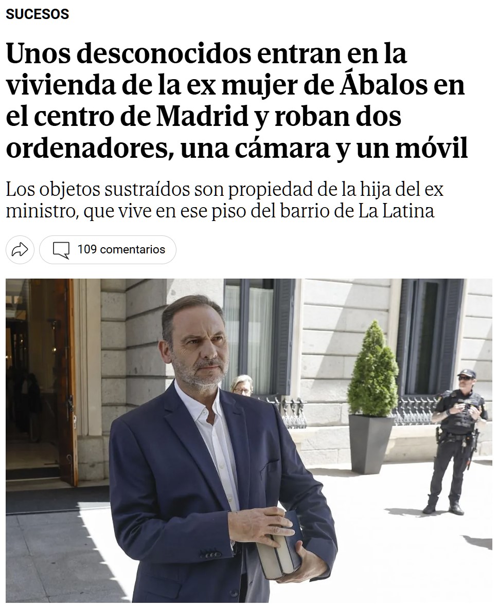 Roban en la casa de Ábalos en Madrid horas después de querellarse contra el ministerio de Puente