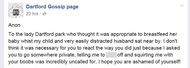 Una mujer salpica con su propia leche a otra mujer que pidió que se fuera mientras amamantaba porque distraía a su marido.