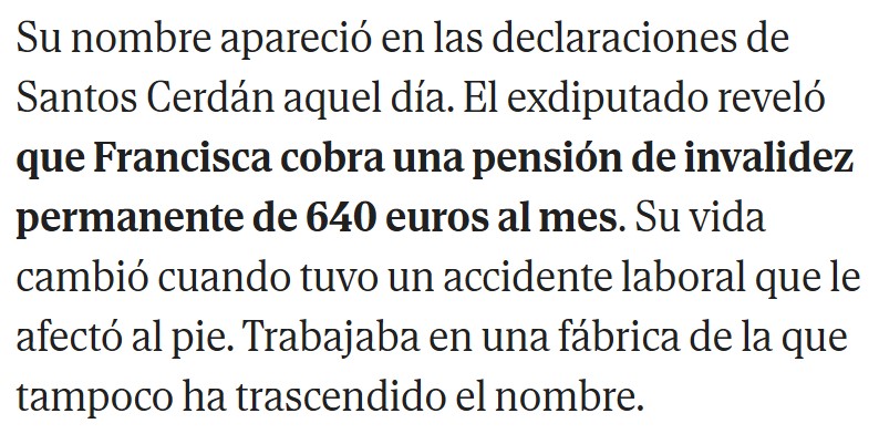 La mujer de Santos Cerdán, Paqui, estaría cobrando una pensión de invalidez permanente por una "grave lesión en un pie".
