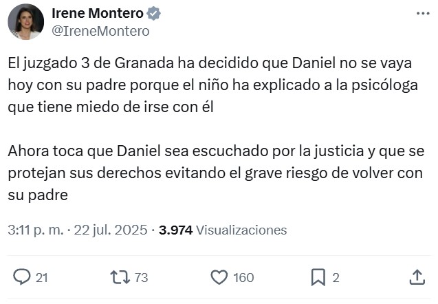 El hijo menor de Juana Rivas finalmente no ha ido con su padre a Italia. Francesco Arcuri se ha vuelto solo porque el niño ha declarado que tiene miedo de que su padre lo mаte.