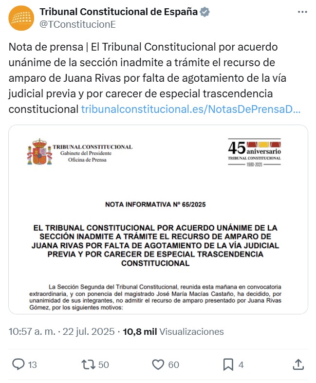 Inadmitido el recurso ante el constitucional: el hijo menor de Juana Rivas deberá volver con su padre a Italia.