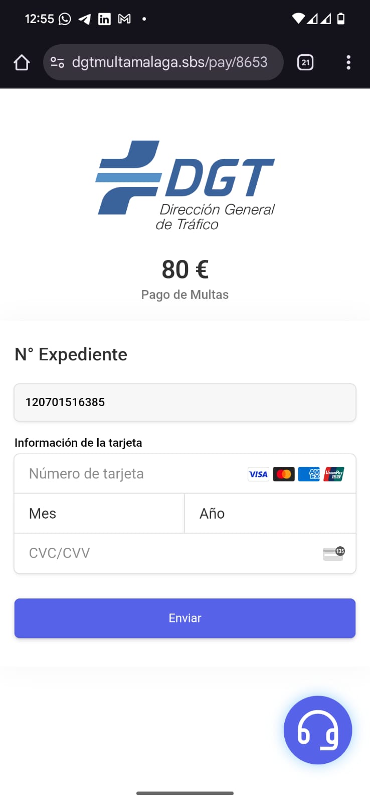 Supuesta multa de la DGT con QR a pasarela de pago.