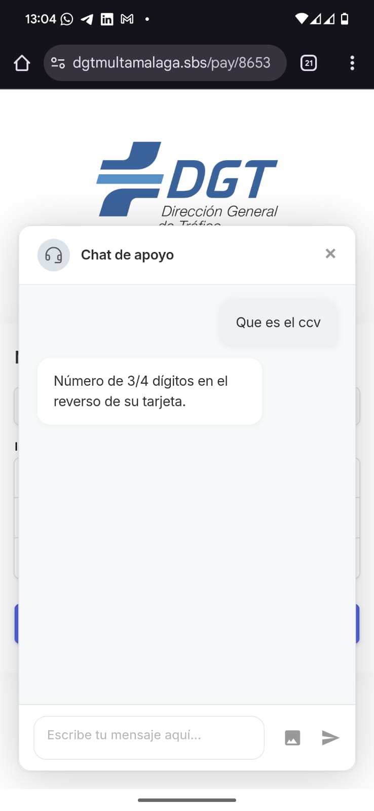 Supuesta multa de la DGT con QR a pasarela de pago.