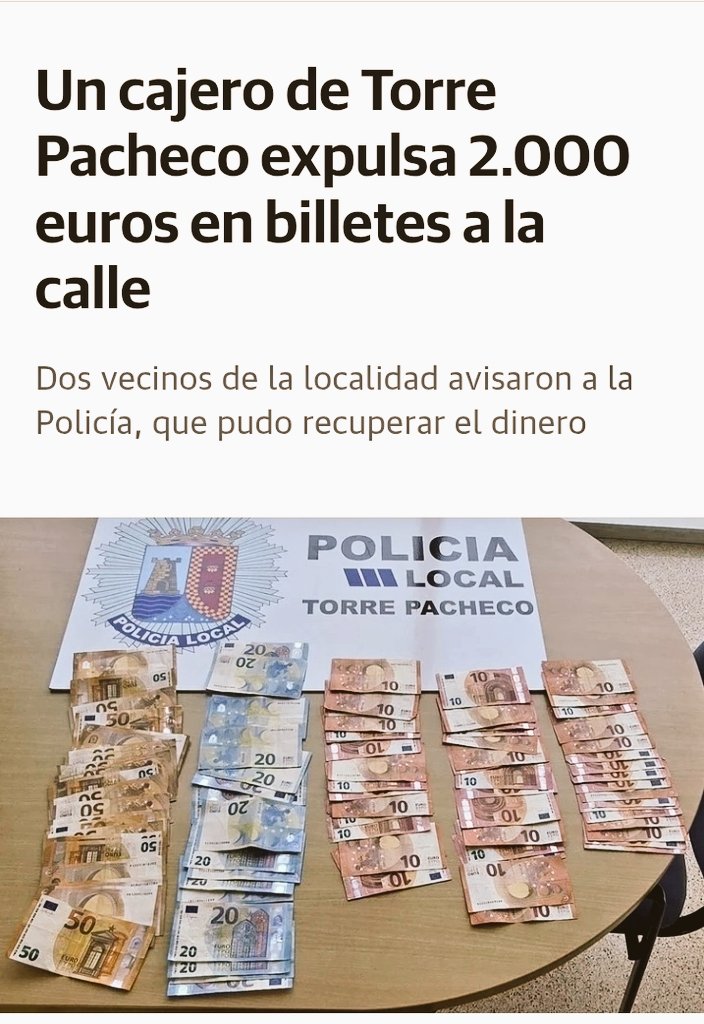 Un cajero automático de Torre Pacheco se vuelve loco y empieza a lanzar billetes como loco.