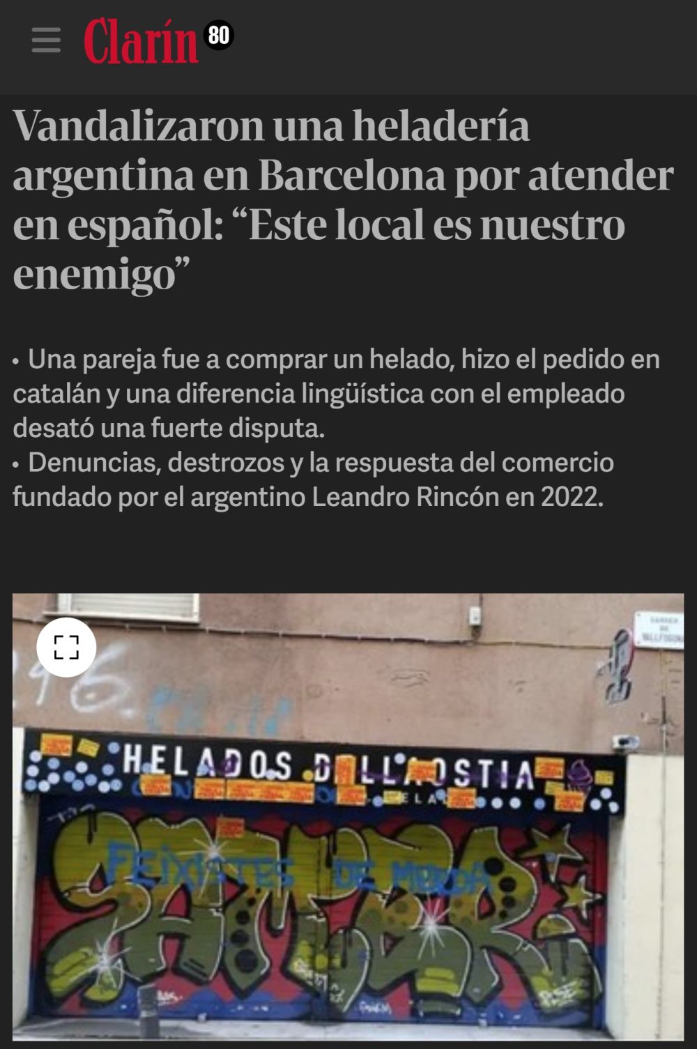 Vandalizan una heladería argentina en Barcelona por no atender en catalán.