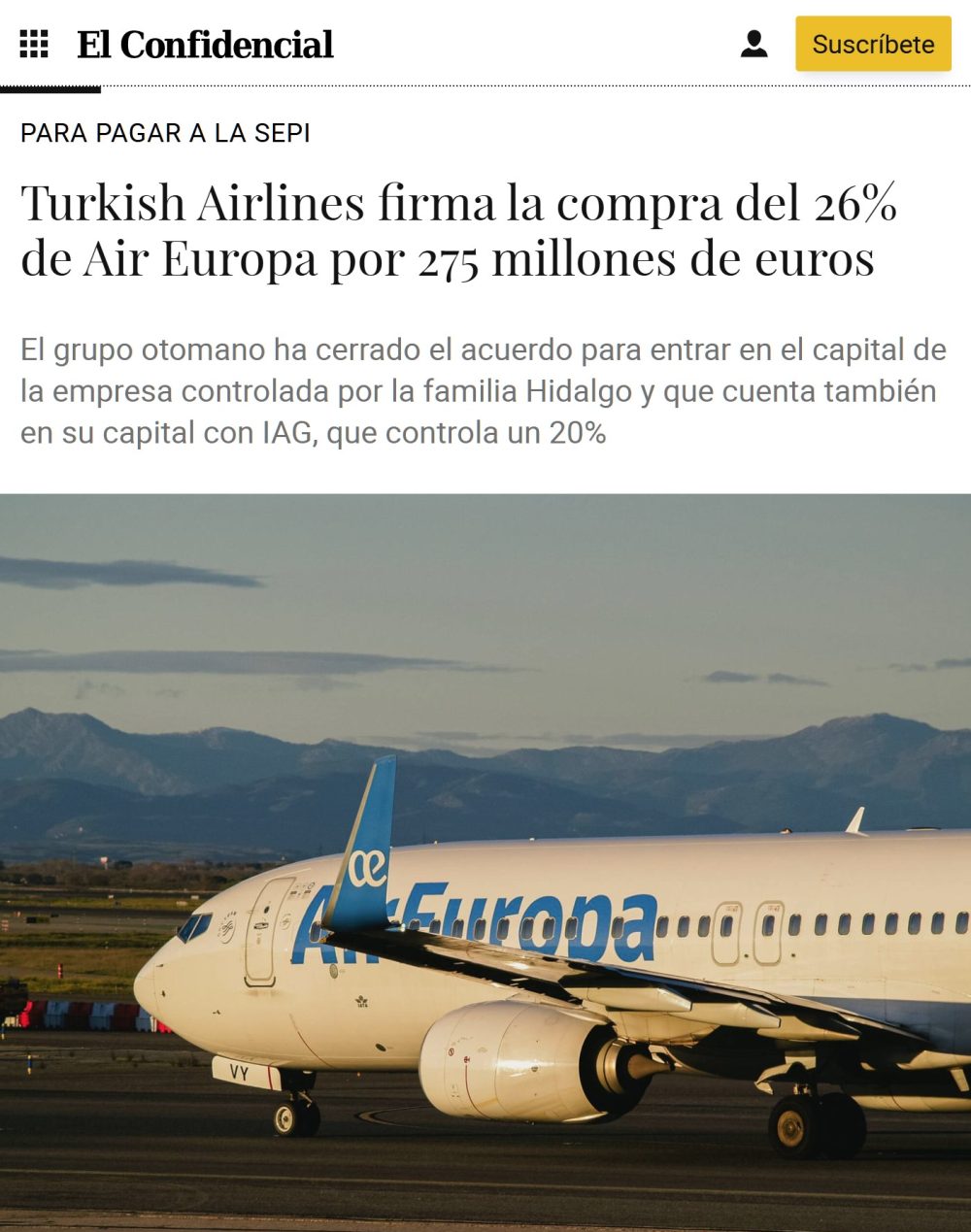 Turkish Airlines compra el 26% de Air Europa por 275 millones.