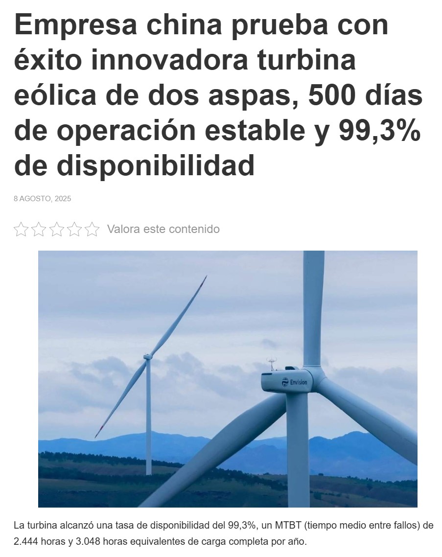 Las nuevas turbinas eólicas de 2 palas igualan el rendimiento de las de 3 palas reduciendo costes y averías.