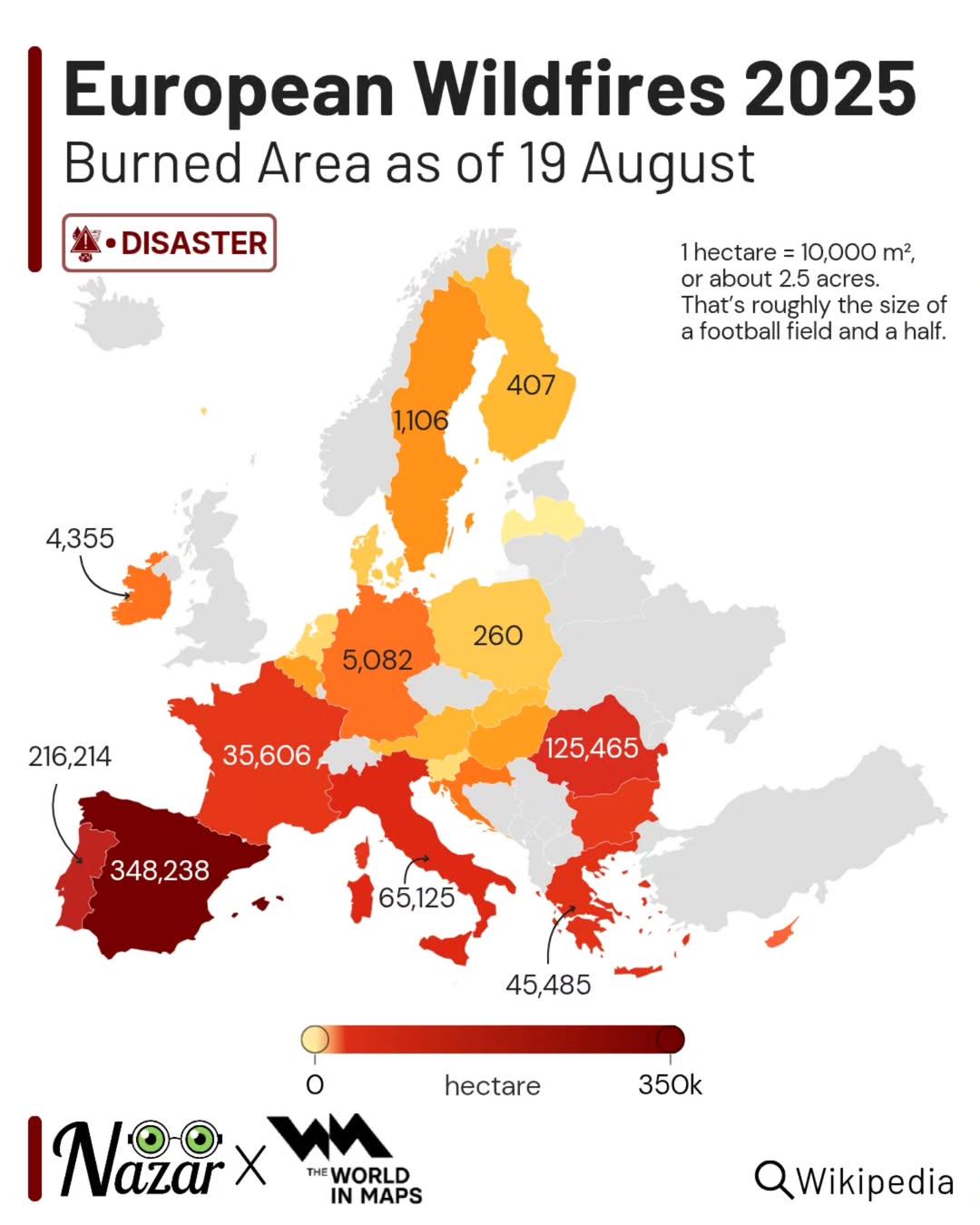 Área quemada por incendios en Europa.