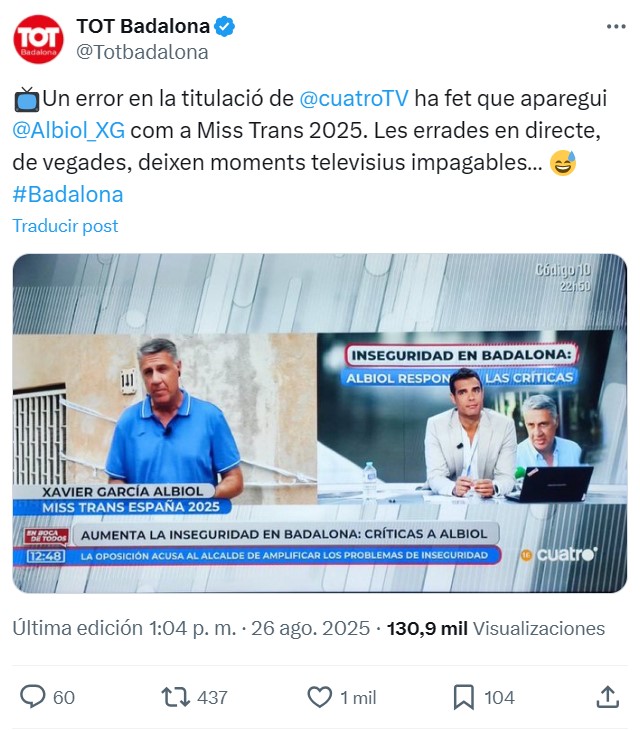 Cuatro rotula a Xavier García Albiol (PP) como "Miss Trans España 2025"