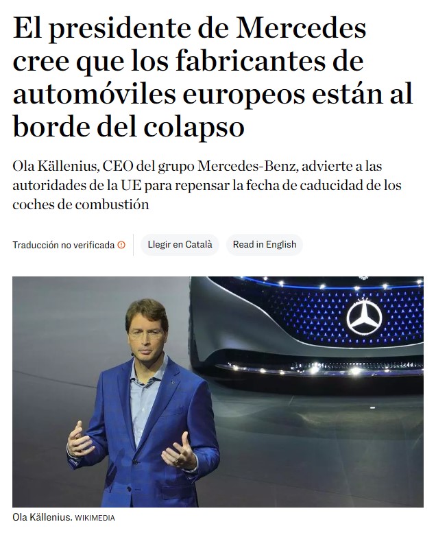 El CEO de Mercedes dice que como no se alargue la fecha de prohibición de coches de combustión, los fabricantes europeos van a colapsar.