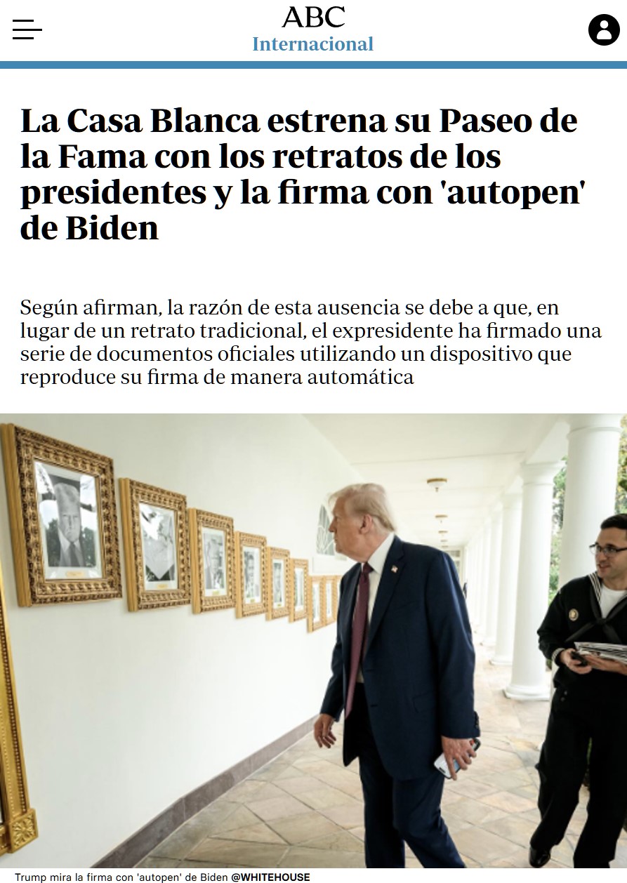 Trump acaba de inaugurar el Muro de la Fama Presidencial en la Casa Blanca, y el retrato de Joe Biden es una máquina de firmar automática.