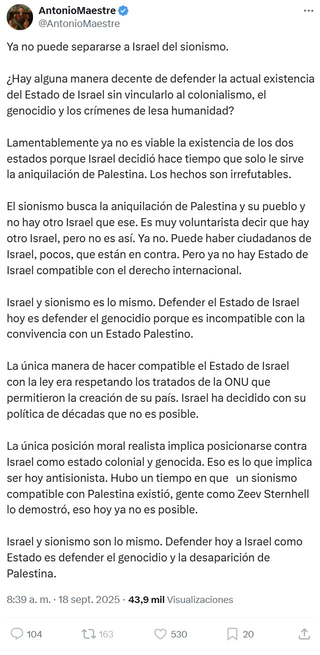 Maestre no se da cuenta de que está usando prácticamente el mismo argumento que usa Israel con Gaza, y está proponiendo de forma velada la misma solución...