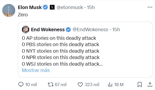 Elon Musk ha retuiteado este tuit: 0 noticias sobre la refugiada ejecutada por un sujeto en los principales medios de EEUU en los principales medios del país.