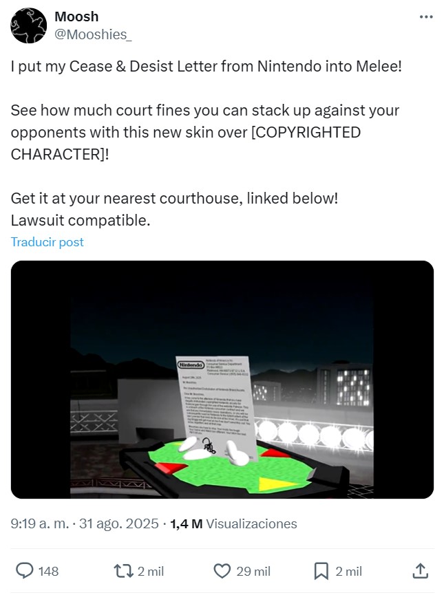 Recibe un cese y desista de Nintendo por un mod para el Smash Bros Melee, y decide poner la carta como personaje jugable en el juego.