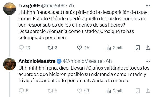 Maestre no se da cuenta de que está usando prácticamente el mismo argumento que usa Israel con Gaza, y está proponiendo de forma velada la misma solución...