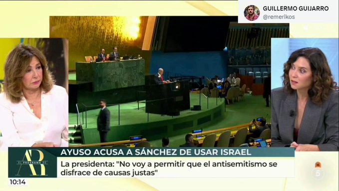 Ana Rosa Quintana le pregunta a Ayuso por Gaza y ella pone como ejemplo a Fernando Alonso y los neumáticos de lluvia.
