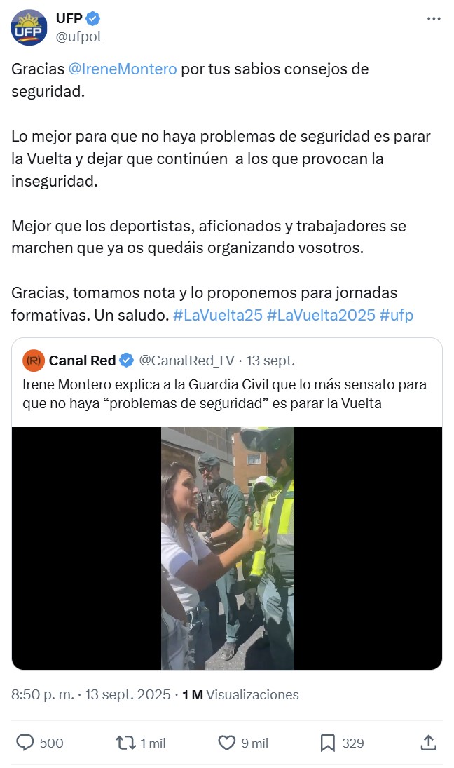 La Unión Federal de Policía agradece a Irene Montero sus "sabios consejos de seguridad" durante La Vuelta.