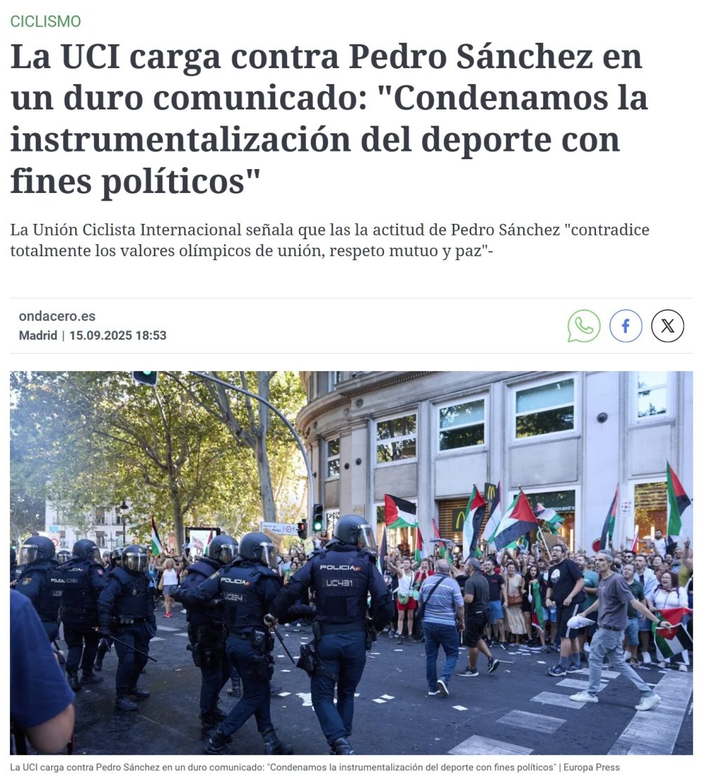 La UCI carga contra Pedro Sánchez en un duro comunicado: "Condenamos la instrumentalización del deporte con fines políticos"