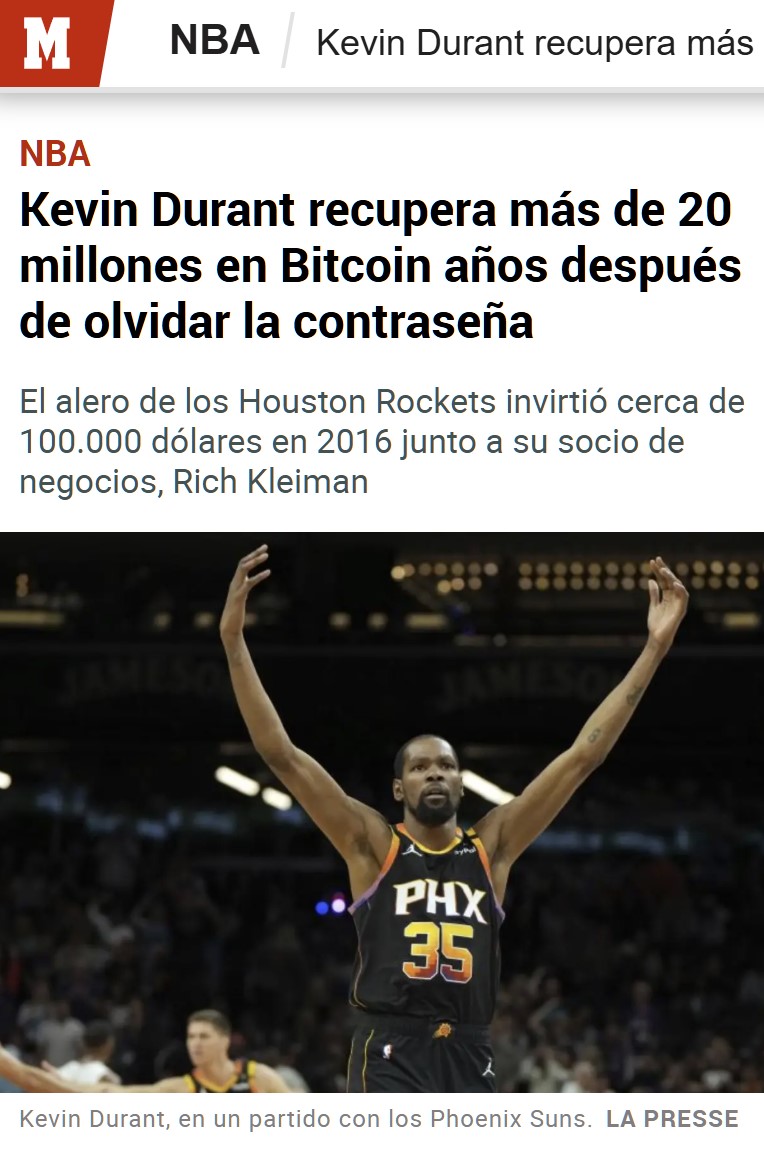 Kevin Durant recupera su cuenta de Coinbase con 20 millones de dólares en Bitcoins.