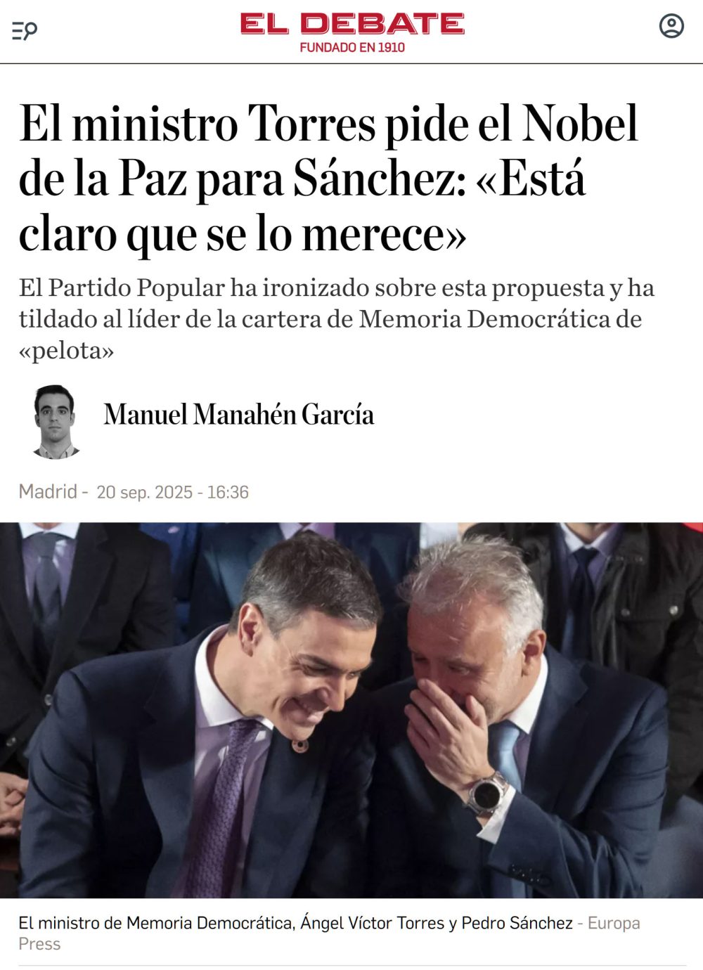 Torres pide el Nobel de la Paz para Pdro Snchz.